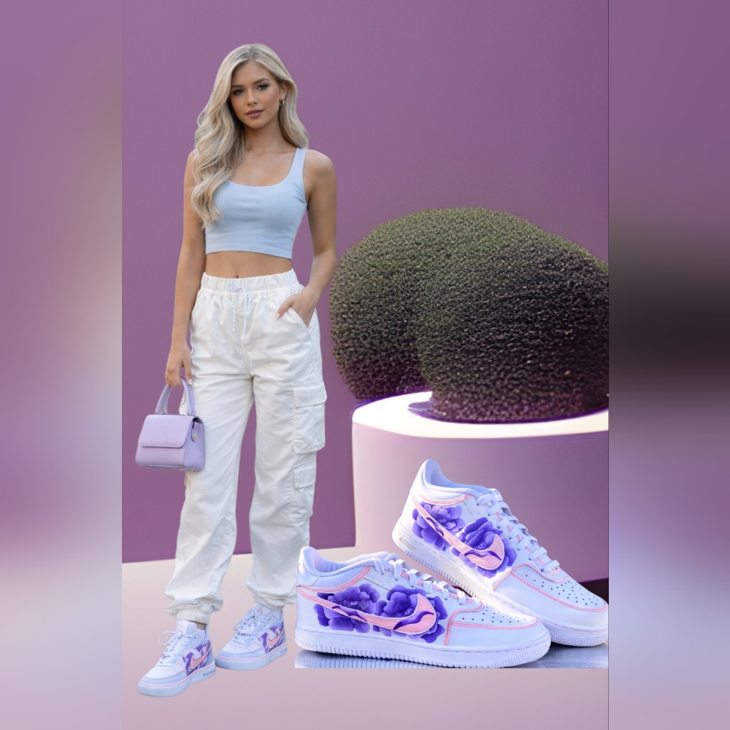 Custom Nike Air Force 1 ’07 Purple Floral Hand Painted White Sole Women’s
